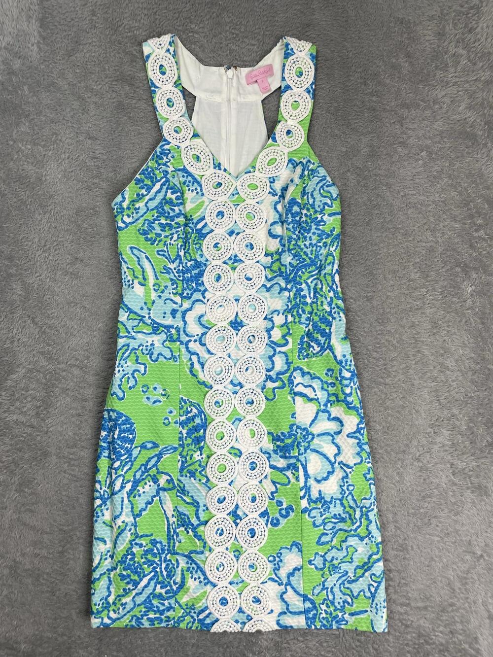 Lilly Pulitzer Sheath Dress Womens 2 Multicolor Floral Crochet Trim V Neck Lined